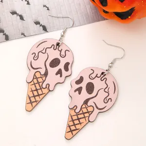 Detailed close-up view of Halloween pink skull ice cream cone wooden drop earrings
