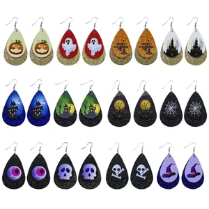 Halloween Kunstleer Traanvormige Oorbellen Dubbellaags Glitter Pompoen Geest Skelet Patroon Feestelijke Hangers Voor Dames