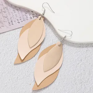 Elegant multi-layered leaf-shaped PU leather earrings in neutral beige and tan tones