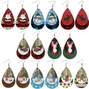 Boucles d'Oreilles Pendantes en Similicuir de Noël pour Femmes Père Noël Renne Gnome Plaid Bijoux Cadeau de Fête