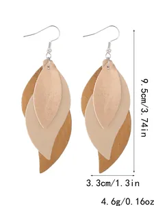 Detailed size and weight measurements of multi-layer leaf shaped PU leather drop earrings.