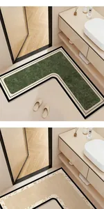 Detail view of L-shaped absorbent diatom mud bathroom mat in green and beige patterns