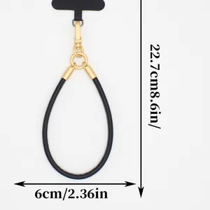 Black PU leather phone lanyard with gold hardware and dimensions 22.7cm length