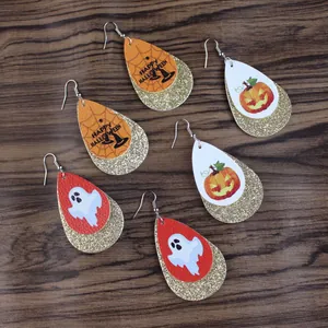 Set Halloween lederen druppeloorbellen met pompoen- en spookpatronen