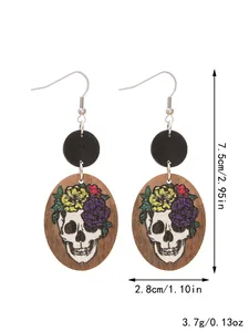 Detailed view showing dimensions and weight of Halloween floral skull wooden earrings.