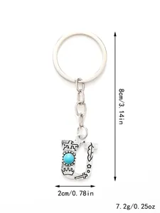 Detailed size and weight view of silver alloy letter U keychain with turquoise bead pendant