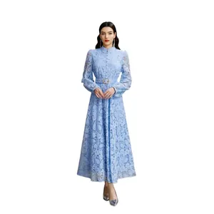 Elegant light blue lace maxi dress with stand collar and lantern sleeves for women
