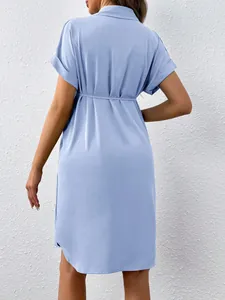 Detailed back view of a light blue short-sleeved maternity shirt dress with waist tie closure.