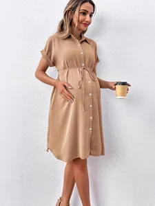 Elegant beige short sleeve maternity shirt dress with drawstring waist for easy nursing