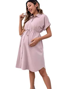 Stylish maternity short sleeve shirt dress with drawstring waist for nursing moms