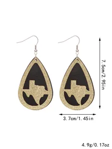 Size details for teardrop earrings featuring gold glitter Texas map and black PU leather.