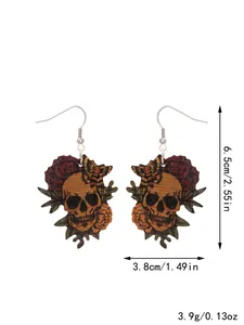 Wooden Halloween skull earrings with flowers, measuring 6.5cm by 3.8cm and 3.9g weight.