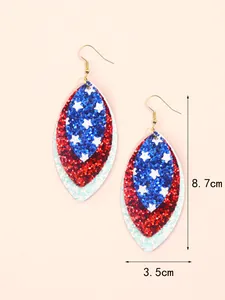 Detailed view of layered leaf earrings with American flag glitter pattern and dimensions