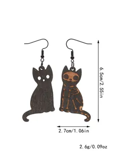 Detailed view of wooden Halloween black cat earrings showing specific dimensions