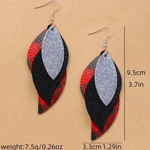 Detail showing layered PU leather leaf earrings with size and weight parameters