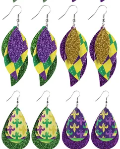 Multi-layered Mardi Gras faux leather earrings with glitter and fleur-de-lis patterns