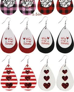 Collection of Valentine's Day faux leather teardrop earrings with heart patterns and sizes