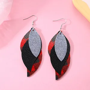 Chic multilayer S-shaped leaf PU leather earrings with silver glitter and red plaid patterns.