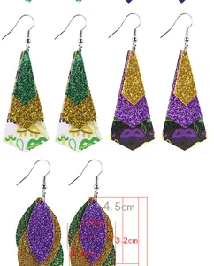 Dimensions and size detail of Mardi Gras triple-layer glitter leather leaf earrings
