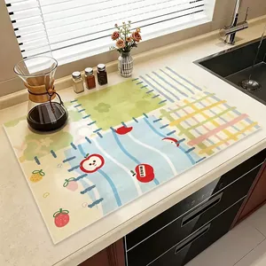Cute dopamine kitchen drying mat with cartoon apple design for countertop protection