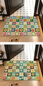 Tapis de sol absorbants à motifs floraux et à carreaux pour salle de bain ou entrée.