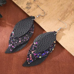 Handmade layered black PU leather leaf earrings with colorful glitter accents
