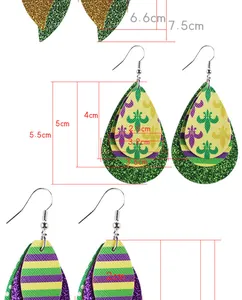 Detailed dimensions of Mardi Gras triple layered leather teardrop earrings in vibrant colors.