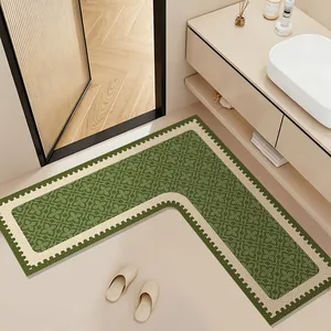 Soft L-shaped green absorbent bathroom mat with non-slip diatom mud texture for sink area