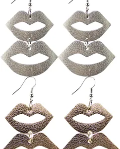 Close-up of lip-shaped leather earrings with distinct lychee texture in silver and gold