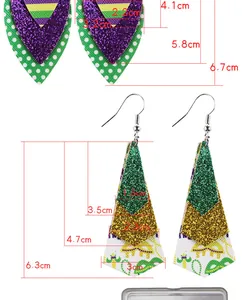 Detailed size and dimension guide for Mardi Gras themed triple-layered leather earrings.