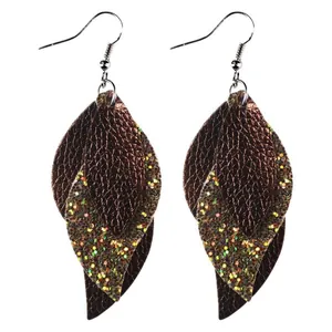 Elegant multi-layer S-shaped leaf PU leather dangle earrings with a sparkling glitter finish