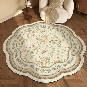 French Vintage Round Loop Pile Area Rug Floral Print Scalloped Edge Floor Mat For Living Room Bedroom Dressing Room Decor