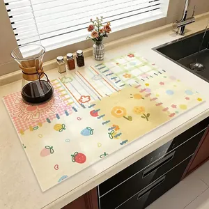 Colorful dopamine-style absorbent kitchen mat with cute cartoon strawberry and floral patterns