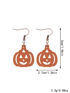 Detail view of Halloween wooden pumpkin earrings showing dimensions and weight info.