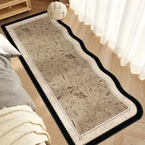 French Vintage Loop Pile Bedside Rug Scalloped Edge Floral Printed Long Runner Mat For Bedroom Home Decor Non-Slip Area Mat