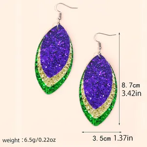 Dimension details for purple, gold and green glitter leather leaf earrings.