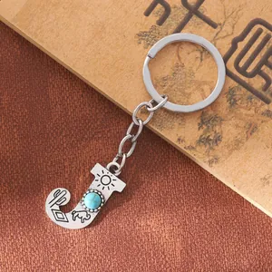 Vintage letter J alloy keychain with engraved boho symbols and turquoise stone inlay