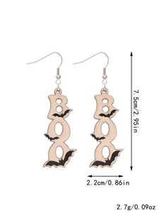 Detailed size and weight information for wooden BOO bat earrings for Halloween.