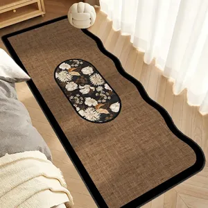 French style floral loop pile bedside runner rug with elegant wavy edge for bedroom