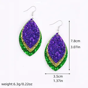 Detailed view of Mardi Gras three-layer glitter leather leaf earrings showing dimensions