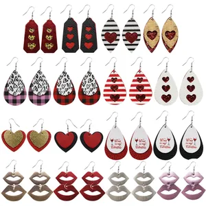 Valentine's Day Heart Lips Faux Leather Earrings Leopard Plaid Waterdrop Double Layer Fashion Jewelry For Women