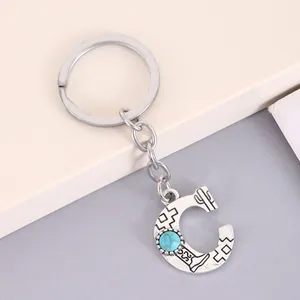 Western style alloy letter C keychain with turquoise stone and ethnic engraved patterns