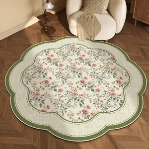 Elegant floral circular loop pile rug with scalloped green border for home