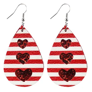 Valentine's Day red and white striped teardrop leather earrings with glitter hearts