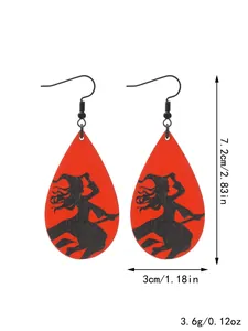 Dimensions and weight detail of Halloween wooden teardrop earrings with witch silhouette