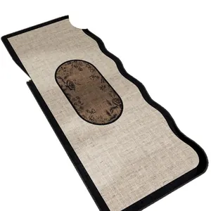 Vintage French floral runner rug for bedroom featuring beige texture and black borders