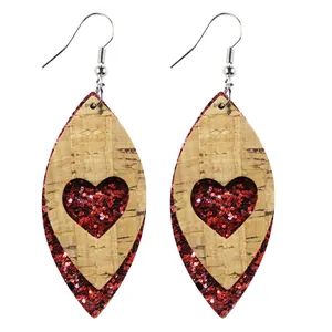 Teardrop leather earrings with red glitter heart for Valentine's Day gift.