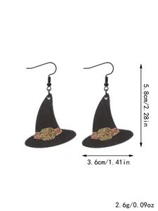 Detailed view of Halloween witch hat wood earrings showing size 5.8x3.6cm and weight 2.6g