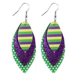Three-layer faux leather leaf earrings with purple glitter and green polka dots for Mardi Gras