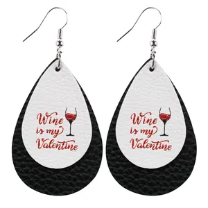 Double-layer teardrop leather earrings with Wine is my Valentine print and lychee texture